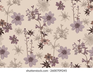 Flowers and leaves in vintage style, seamless pattern	