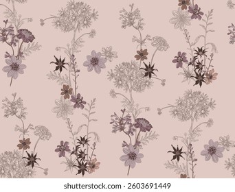 Flowers and leaves in vintage style, seamless pattern	
