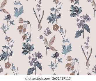 Flowers and leaves in vintage style, seamless pattern	