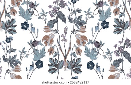 Flowers and leaves in vintage style, seamless pattern on a transparent background.