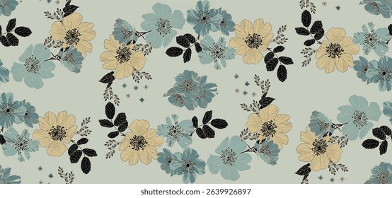 Flowers and leaves in vintage style, seamless pattern	
