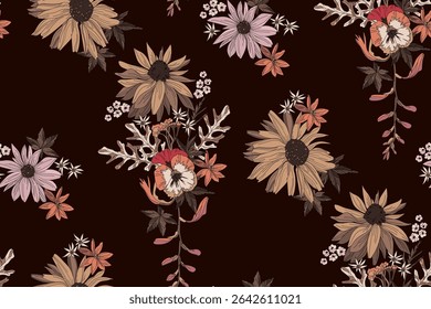  Flowers and leaves in vintage style, seamless pattern