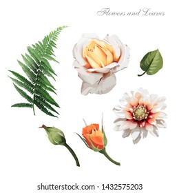 Flowers and leaves, watercolor, can be used as greeting card, invitation card for wedding, birthday and other holiday and  summer background. Vector illustration.
