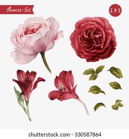 Flores e folhas, aquarela, pode ser usado como cartão de saudação, cartão de convite para casamento, aniversário e outros feriados e fundo de verão. Ilustração vetorial.