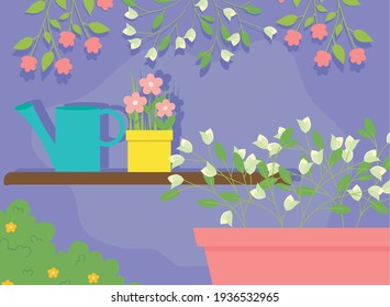 Flowers leaves and watering can