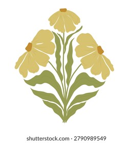 Flowers with leaves and yellow petals. Vector illustration. Bouquet of spring and summer garden flowers, daisies, simple pattern, isolated on a white background