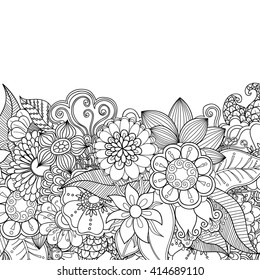 Flowers and leaves zentangle style invitation card. Wavy doodle frame design for card. Decorative element border.