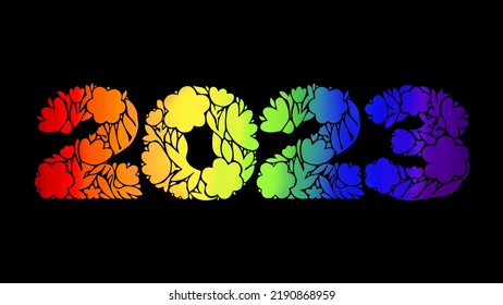 Flores grabando 2023. Ilustración vectorial del arco iris aislada en el fondo negro. Apoyo a la comunidad LGBTQ.