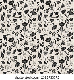 Flowers and letters. Botanical seamless pattern in lino-cut style. Monochrome vector  illustration