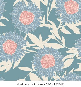 Flowers of light blue chrysanthemums and gerberas with leaves and petals on a blue background. Seamless pattern. Vector illustration with hand drawn plants.