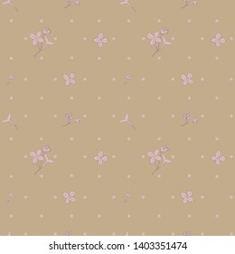 Flowers and lilac petals. Spring Syringa. Romantic and gentle, floral print. Flowers and Polka Dot Background