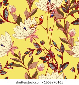 Flowers of lilies with leaves and petals on a yellow color background seamless pattern. Vector illustration with hand-drawn plants.