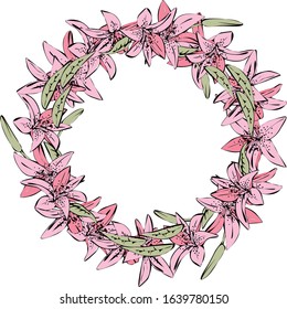 Flowers lily wreath vector illustration. Greeting card.