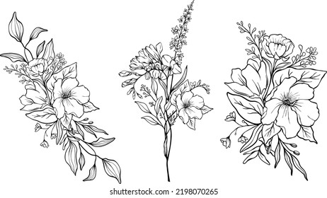 Flowers line art arrangements. Can use to print on greeting card, frame, shopping bags, wall art, telephone case, wedding invitation, stickers, decorations, and t-shirts