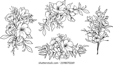 Flowers line art arrangements. Can use to print on greeting card, frame, shopping bags, wall art, telephone case, wedding invitation, stickers, decorations, and t-shirts