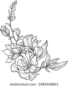 Blumenstrauß und Blumenstrauß Anordnung . Handgezeichnete Blumen, Blätterzweige und blühende Elemente für Arrangements, Einladungen, Grußkarten, Wandkunst, Logo, Tattoo-Design. Vektorillustration