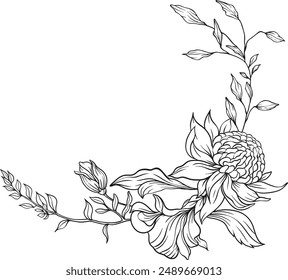 Flowers line art bouquet arrangement . Hand drawn flowers, leaves branches and blooming elements for arrangements, invitation, greeting cards, wall art, logo, tattoo design. Vector illustration