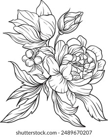 Flowers line art bouquet arrangement . Hand drawn flowers, leaves branches and blooming elements for arrangements, invitation, greeting cards, wall art, logo, tattoo design. Vector illustration