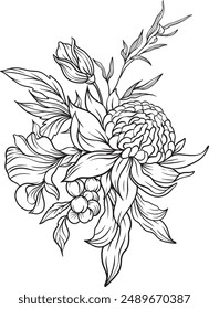 Flowers line art bouquet arrangement . Hand drawn flowers, leaves branches and blooming elements for arrangements, invitation, greeting cards, wall art, logo, tattoo design. Vector illustration