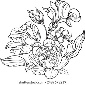 Flowers line art bouquet arrangement . Hand drawn flowers, leaves branches and blooming elements for arrangements, invitation, greeting cards, wall art, logo, tattoo design. Vector illustration