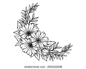 Flowers Line Art Frame Sublimation. Hand drawn flower sketch line art illustration svg