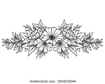 Flowers Line Art Frame Sublimation. Hand drawn flower sketch line art illustration