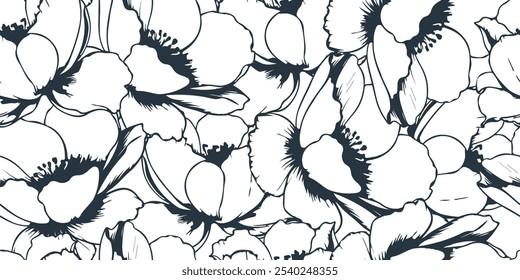Flowers Line Art Seamless Pattern. Floral Vector Background. Linear Drawing of Simple Floral Template. Flowers Monochrome Minimalistic Pattern Design.