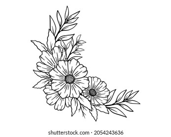 Flowers Line Art Sublimation. Hand drawn flower sketch line art illustration