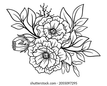 Flowers Line Art Sublimation. Hand drawn flower sketch line art illustration