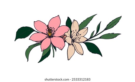 Flores Linha Arte Vetor Desenho. Desenho Linear do Ornamento de Contorno Floral. Flores com Folhas Branch Preto Esboço Ilustração no Fundo Branco