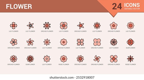 Flowers line colorful icons set. Collection of Blooming plants - rose, sunflower, dandelion, tulip, daisy bouquet and more. Editable line and filled color icon pack. Pixel perfect.