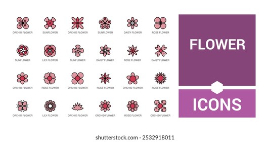 Flowers line colorful icons set. Collection of Blooming plants - rose, sunflower, dandelion, tulip, daisy bouquet and more. Editable line and filled color icon pack. Pixel perfect.