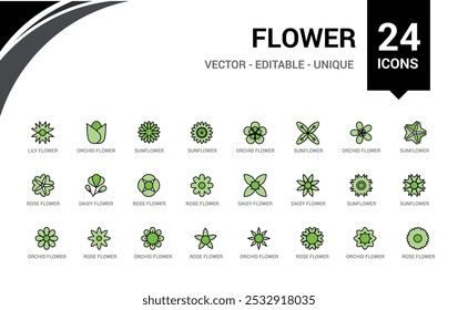 Flowers line colorful icons set. Collection of Blooming plants - rose, sunflower, dandelion, tulip, daisy bouquet and more. Editable line and filled color icon pack. Pixel perfect.