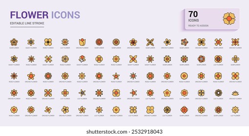 Flowers line colorful icons set. Collection of Blooming plants - rose, sunflower, dandelion, tulip, daisy bouquet and more. Editable line and filled color icon pack. Pixel perfect.