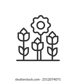 Flowers, in line design. Flowers, floral, blossom, petals, bloom, garden, nature on white background vector. Flowers editable stroke icon