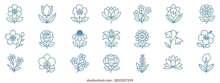 Flowers line editable icon set. Flat Style simple flower icon.various flower rose, daisy,sunflower tulip, lily, orchid,thin linear vector illustration 