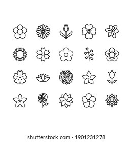 Flowers line icon set. Beautiful garden plants - tulip, chamomile, sunflower, rose, carnation. Icons isolated on white background, for the website and app. Editable Strokes.