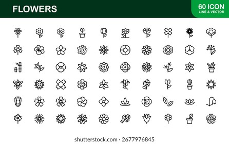 Flowers Line Icon Set – Modern Minimal Outline Vector Icons, Professional Floral Line Art Collection for Premium Design Projects