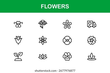 Conjunto de iconos de línea de flores: iconos de vectores de contorno mínimo moderno, Colección de arte de línea floral de Profesional para proyectos de diseño de Premium