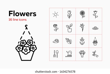 Flowers line icon set. Sun, tulip, sunflower. Nature concept. Can be used for topics like plants, orchard, gardening