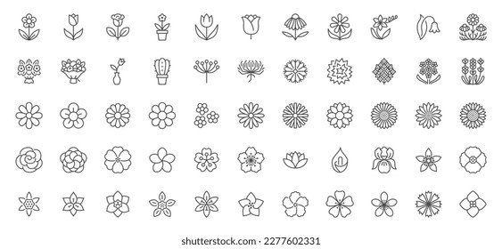 Flowers line icons set. Blooming plants - rose, tulip, daisy bouquet, sunflower, lotus, chamomile, dandelion, chrysanthemum, lily vector illustration. Outline signs for floral shop. Editable Stroke