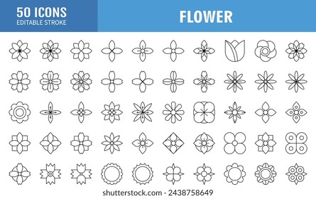 Flowers line icons set. Blooming plants - rose, tulip, daisy bouquet, sunflower, lotus, chamomile, dandelion, chrysanthemum, lily vector illustration. Outline signs for floral shop. Editable Stroke