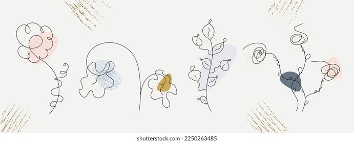 Flowers line set. Collection of graphic elements for website. Minimalistic creativity and art, abstract style. Flora and aesthetics. Cartoon flat vector illustrations isolated on white background