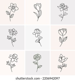 flowers line Set of Continuous Line Drawings of Isolated Flower Black Sketch Plants on a White Background. Minimalist Print Set. Vector illustration 