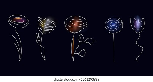 Flowers line, spectrum light. The magical glow of a flower with a multi-colored reflection. Bright glare effect, flare with gradient. Lines shape, floral art, abstract collection. Vector illustration.