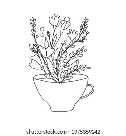 Flowers line vector drawing. Botanical print. Nature symbol of cosmetics. Modern continuous line art. Fashion print. One line Illustration.