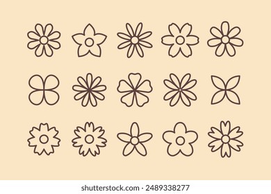 Conjunto de iconos geométricos lineales de flores. Formas minimalistas retro.