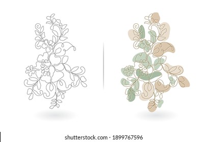 Flowers lines art design, Floral hand drawn vector with two models colors monochrome and pastel, applicable for invitation cards, greeting cards, ready for print, terracotta model for home decor.
