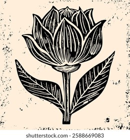 Flowers linocut vector illustration with grunge texture. Monochrome linear woodcut illustration