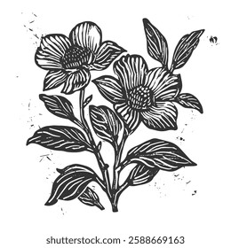 Flowers linocut vector illustration with grunge texture. Monochrome linear woodcut illustration